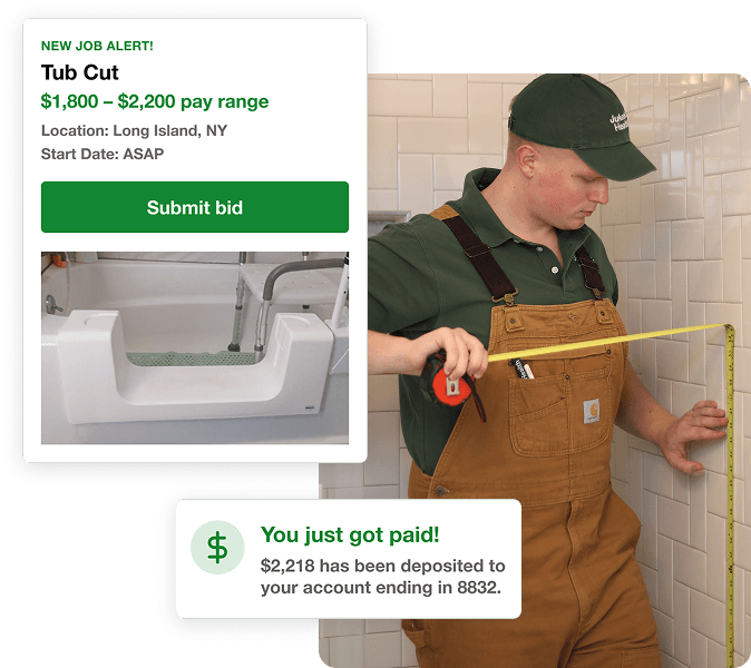 Collage of app ui including bid submission, installation photos, and payment notification